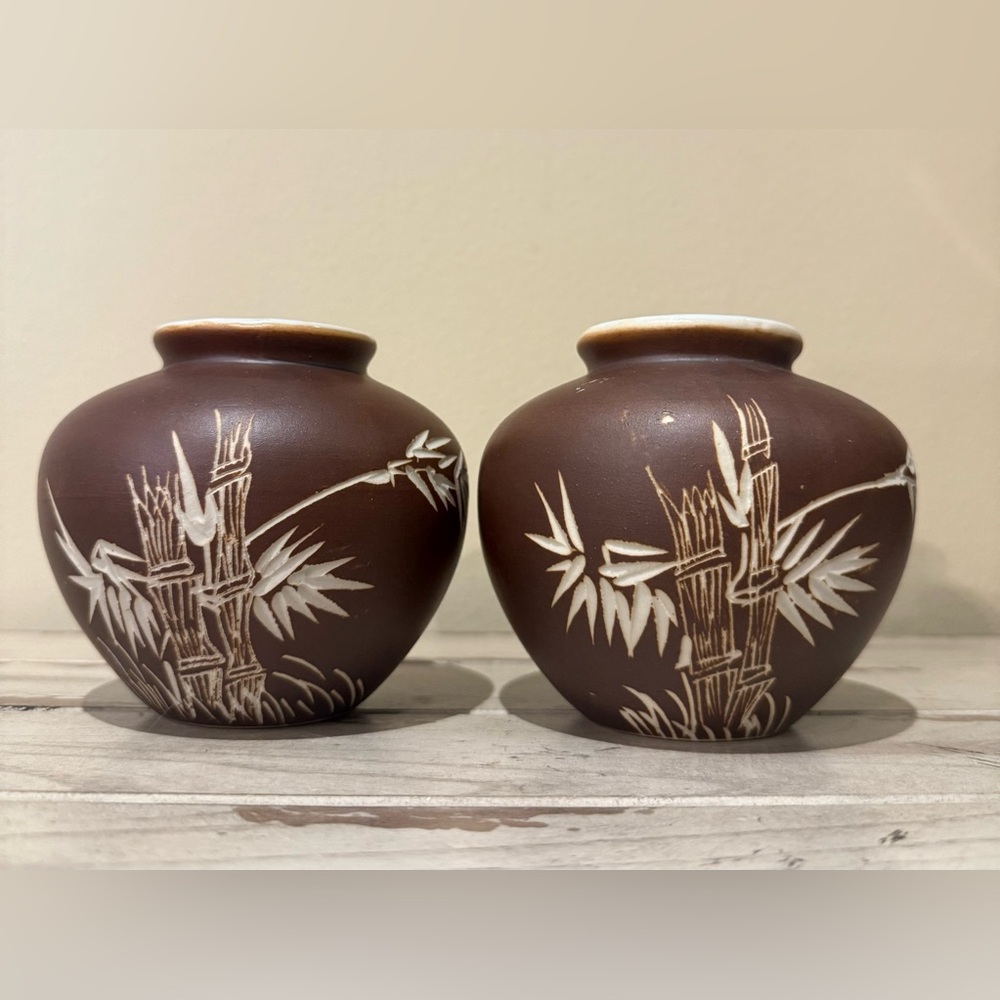Pair of Chinese Inspired Etched Bamboo and Bird Design Art Pottery Vases
